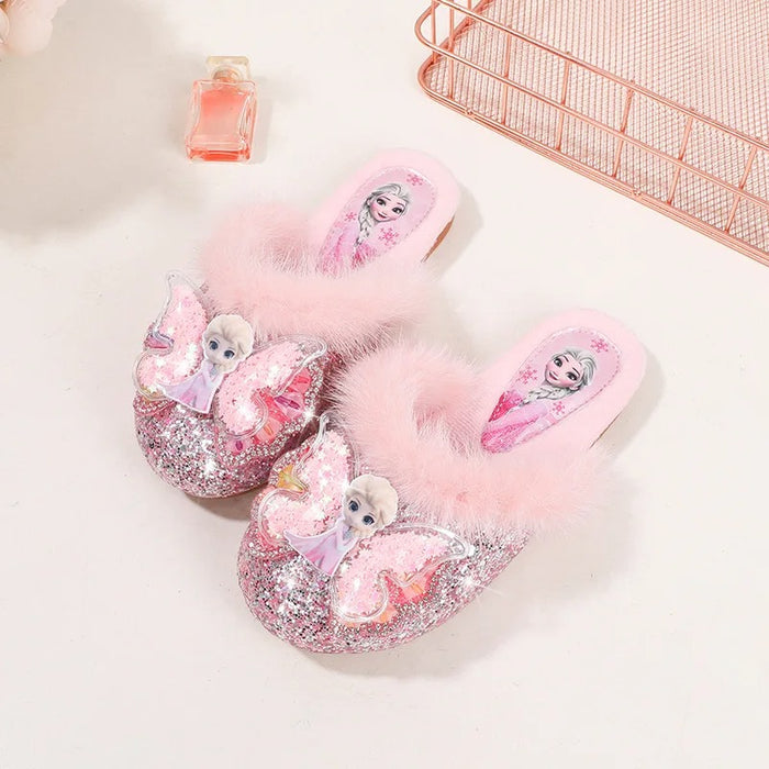 Glitter Bow Slide Slippers With Faux Fur