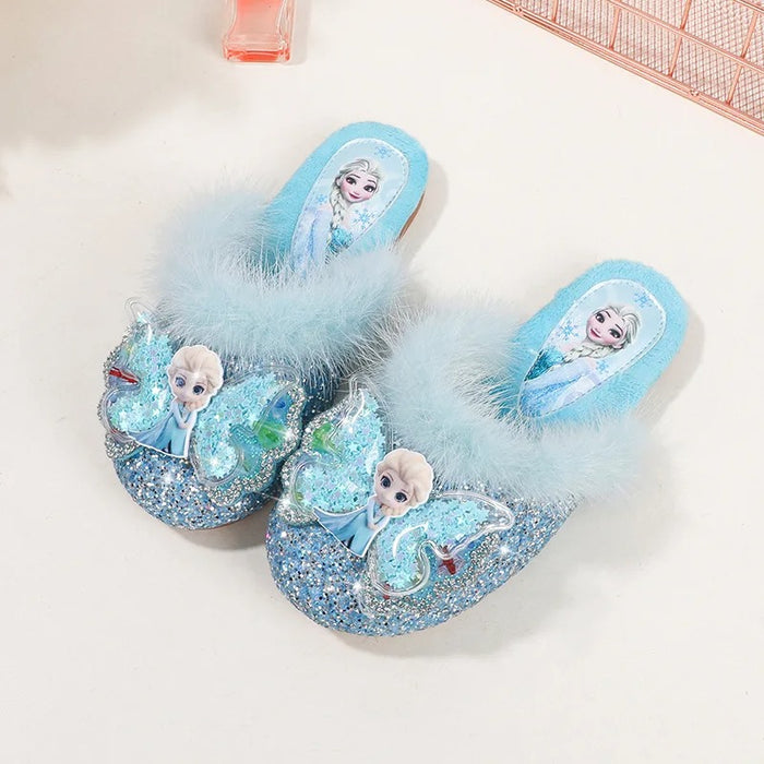 Glitter Bow Slide Slippers With Faux Fur