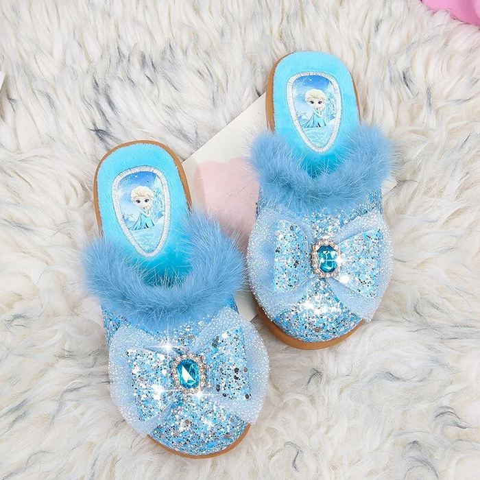 Frozen Princess Printed Glitter Bow Slide Slippers With Faux Fur