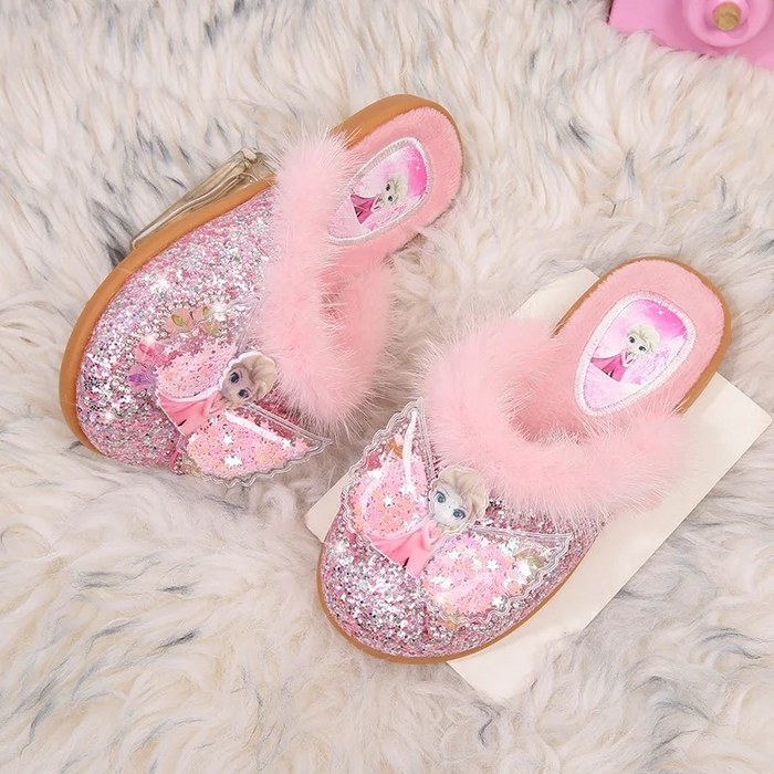 Glitter Bow Slide Slippers With Faux Fur