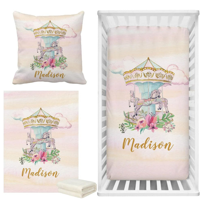 3 Piece Custom Name Floral Carousel Bedding Set