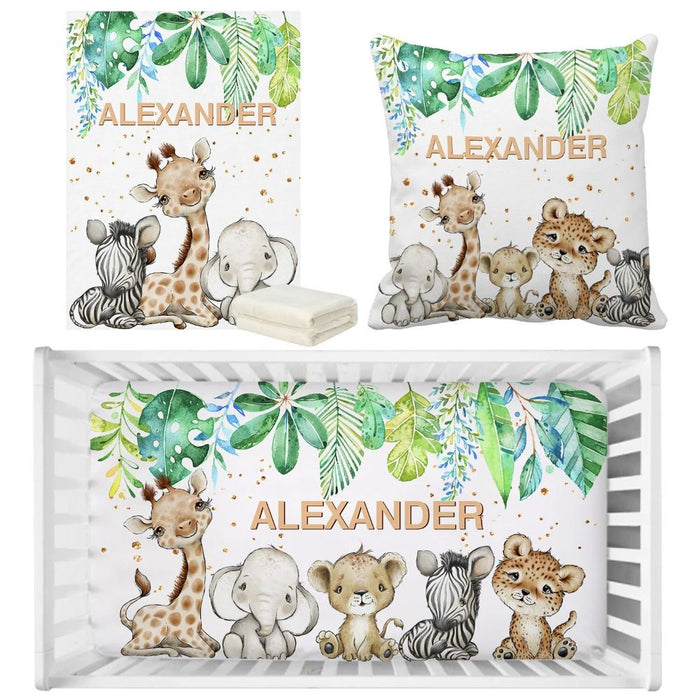 3 Piece Personalized Jungle Animals Bedding Set