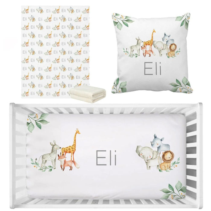 3 Piece Personalized Name Jungle Animals Crib Bedding Set