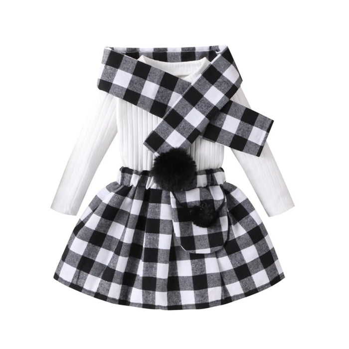 3 Pieces Plaid Skirt Set With Scarf