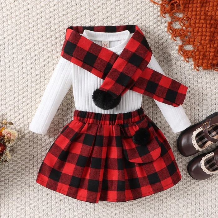 3 Pieces Plaid Skirt Set With Scarf