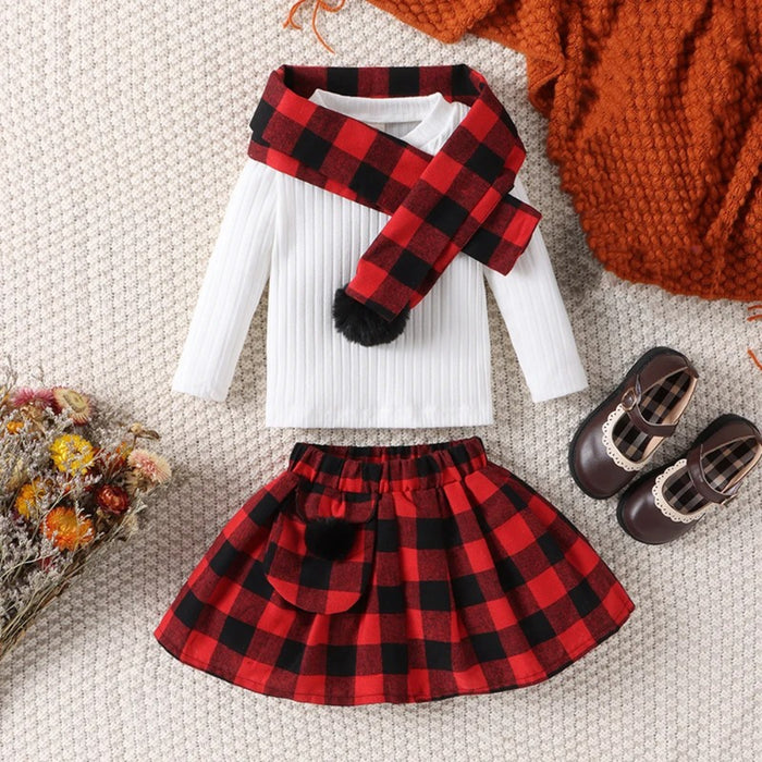 3 Pieces Plaid Skirt Set With Scarf