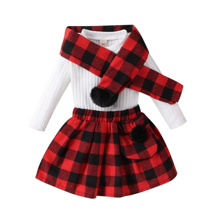 3 Pieces Plaid Skirt Set With Scarf