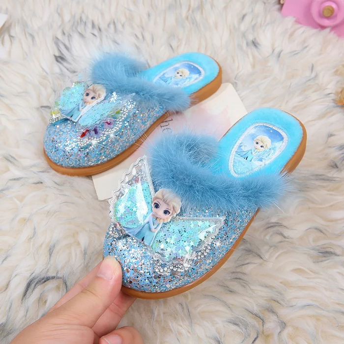 Glitter Bow Slide Slippers With Faux Fur