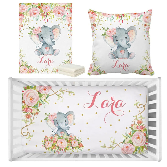 3 pieces Custom Name Elephant Crib Bedding Set