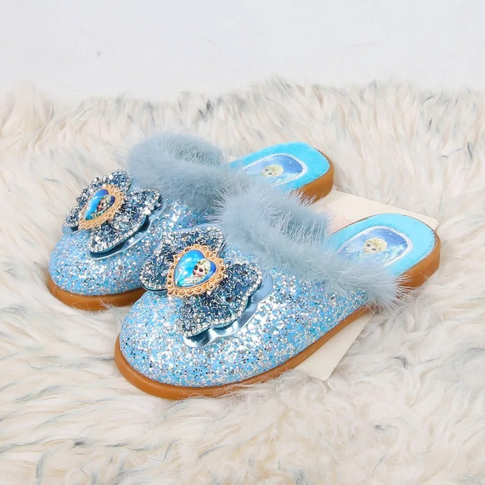 Glitter Bow Slide Slippers With Faux Fur