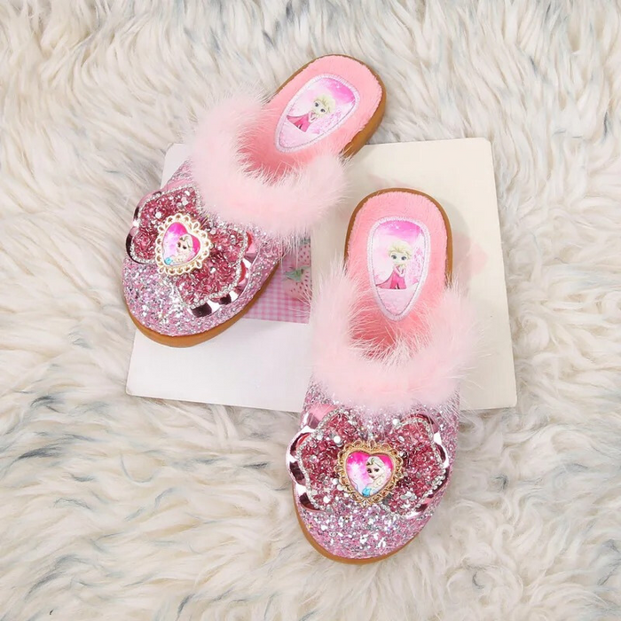 Glitter Bow Slide Slippers With Faux Fur