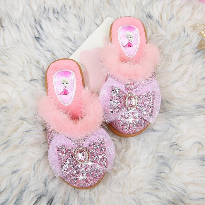 Frozen Princess Printed Glitter Bow Slide Slippers With Faux Fur