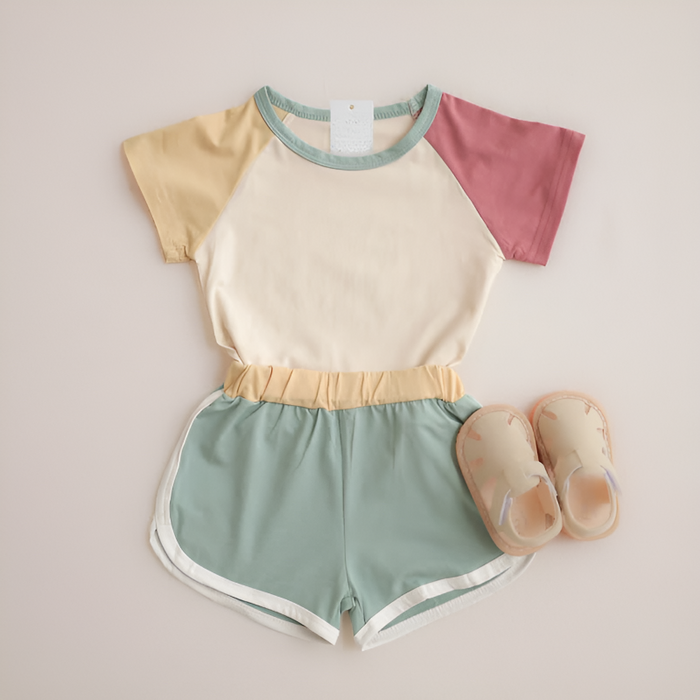 Baby Contrast Sleeves T Shirt And Shorts Set