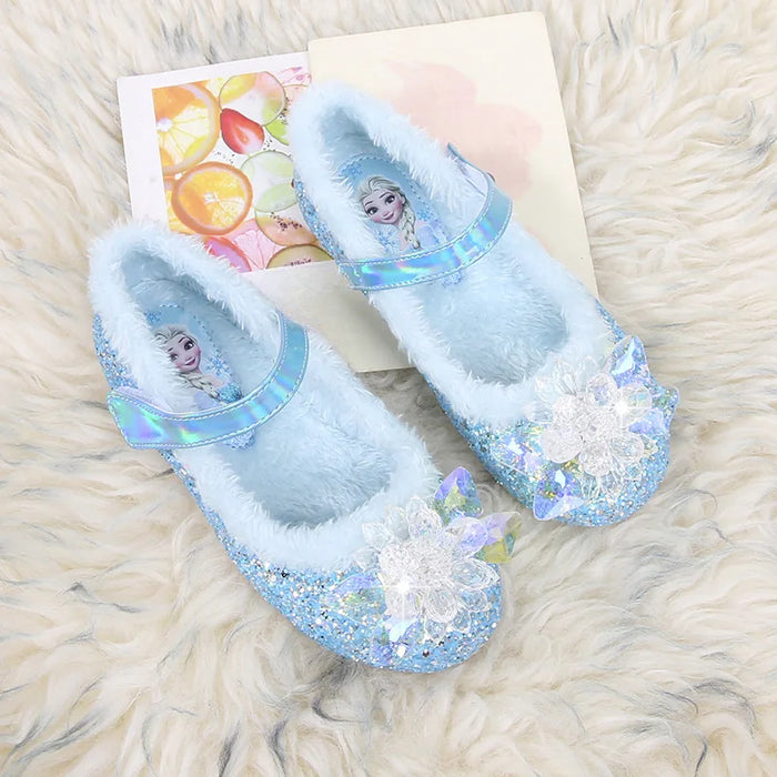 Faux Fur Lining Frozen Elsa Shoes With Floral Embellishment