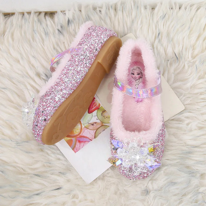 Faux Fur Lining Frozen Elsa Shoes With Floral Embellishment