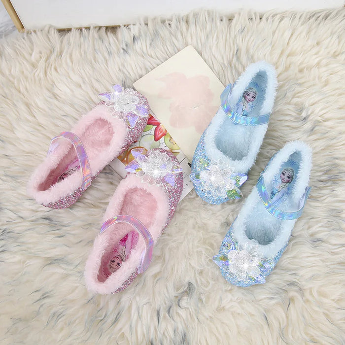 Faux Fur Lining Frozen Elsa Shoes With Floral Embellishment