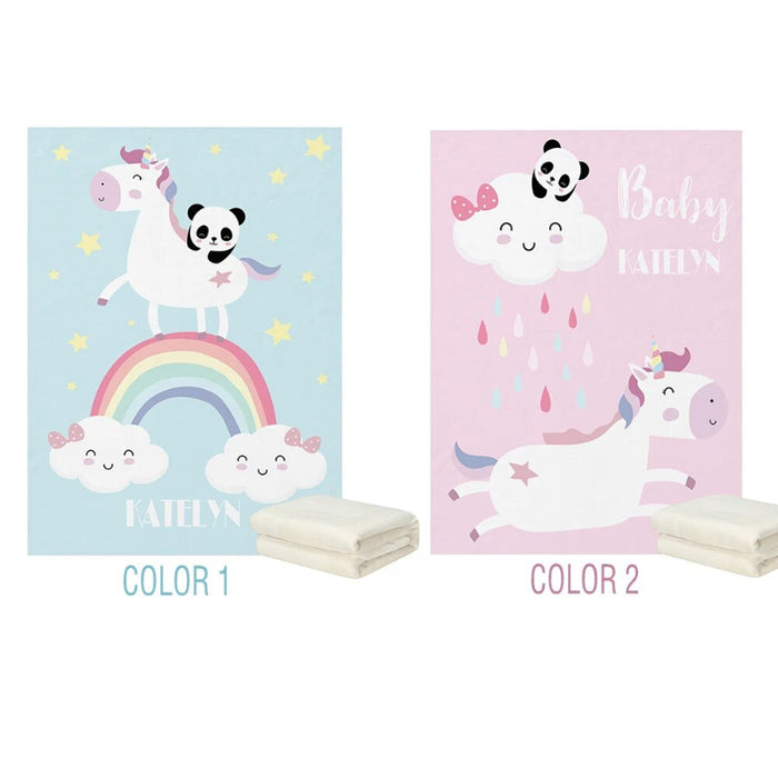 Personalized Cartoon Unicorn And Panda Fleece Blanket