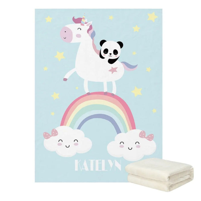 Personalized Cartoon Unicorn And Panda Fleece Blanket