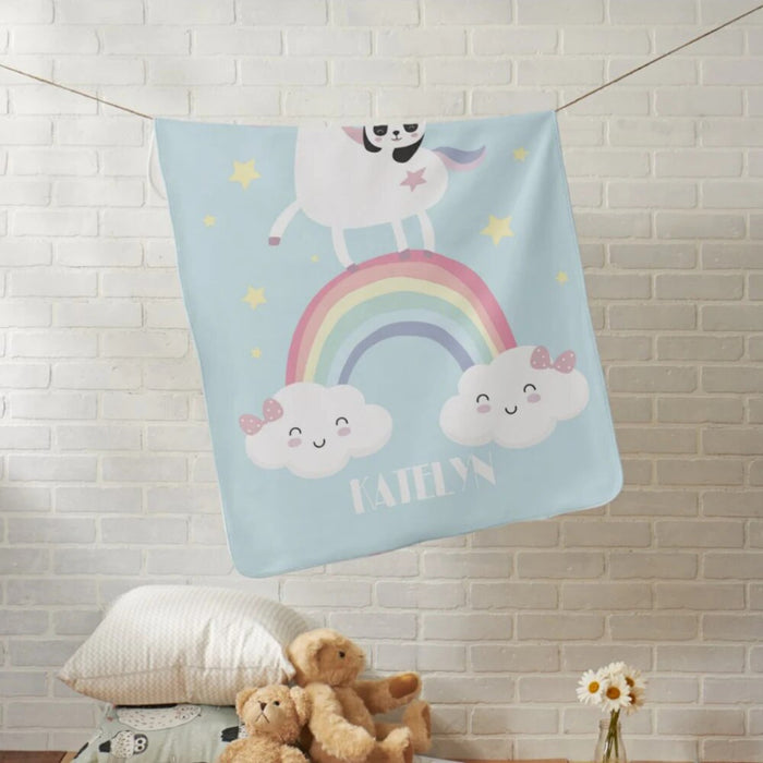 Personalized Cartoon Unicorn And Panda Fleece Blanket