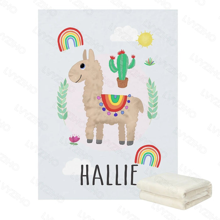 Personalized Name Llama And Rainbow Blanket