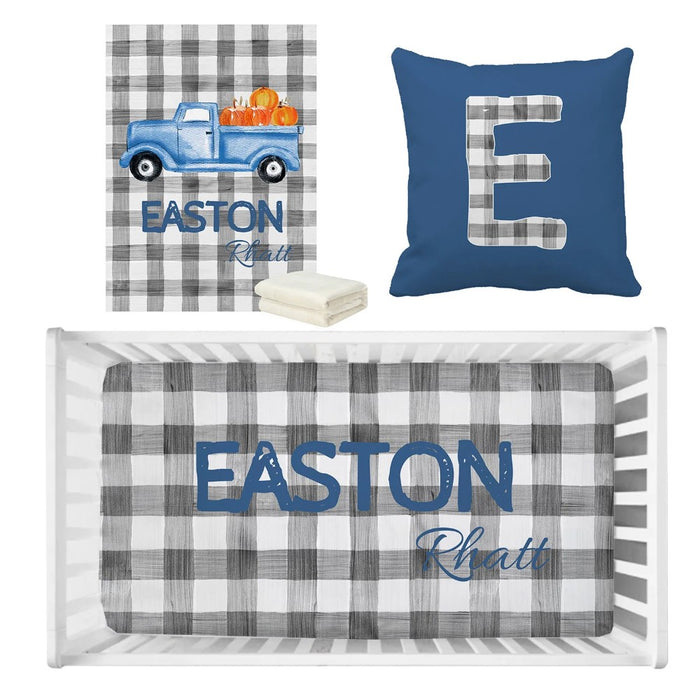 3 Piece Personalized Plaid Vintage Truck Crib Sheet Bedding Set