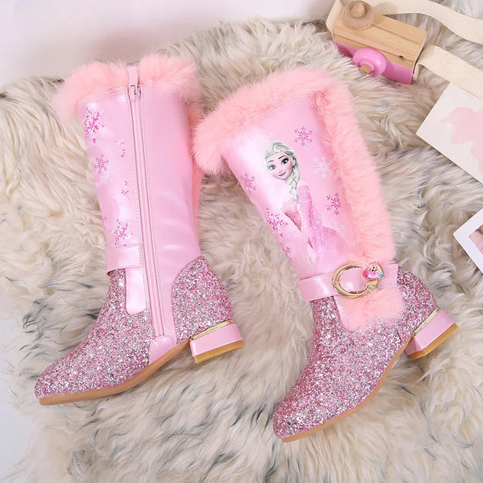 Princess Elsa Printed Glitter Boots With Fur Trim