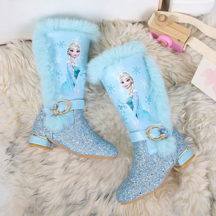 Princess Elsa Printed Glitter Boots With Fur Trim