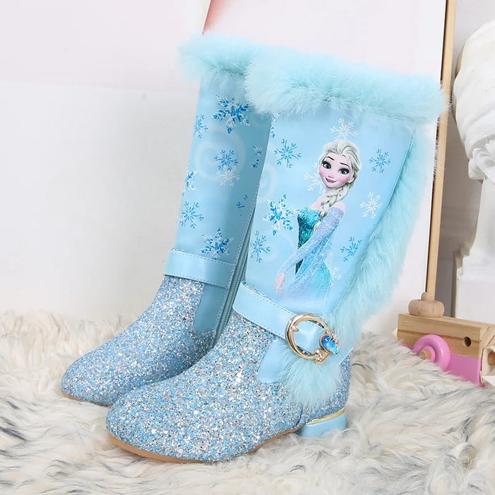 Princess Elsa Printed Glitter Boots With Fur Trim