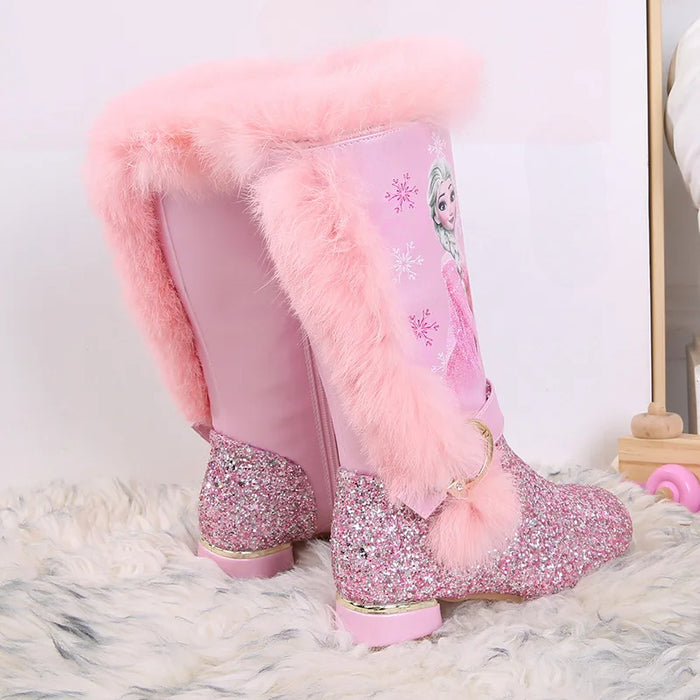 Princess Elsa Printed Glitter Boots With Fur Trim