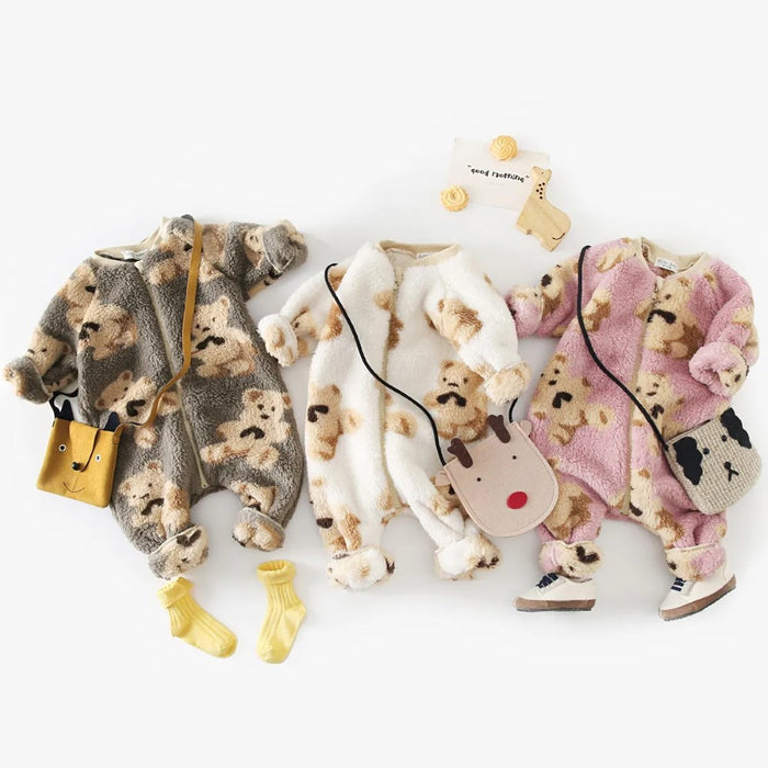 Bear Printing Fleece Long Sleeve Jumpsuits