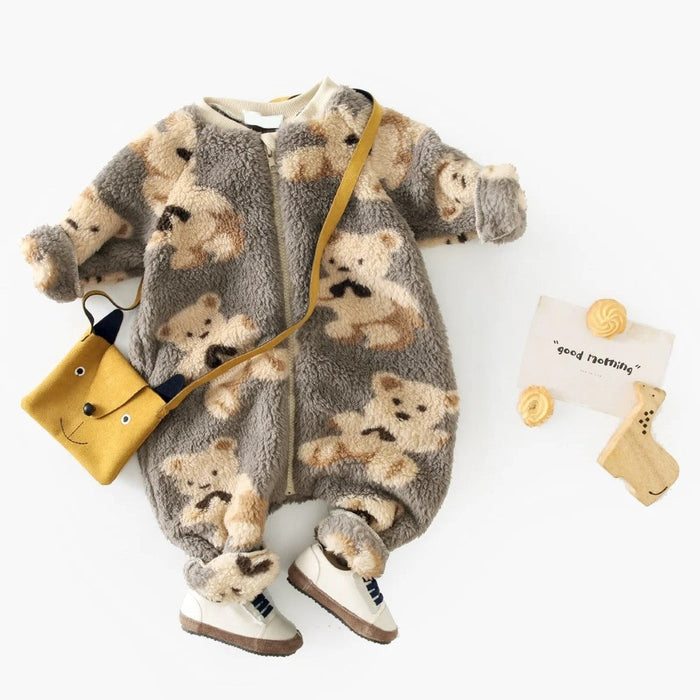 Bear Printing Fleece Long Sleeve Jumpsuits