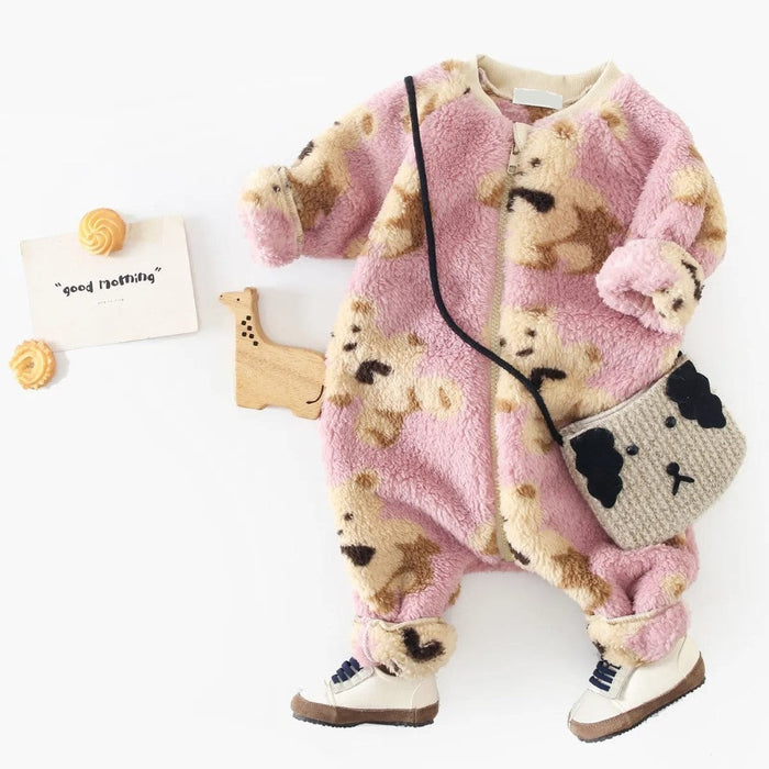 Bear Printing Fleece Long Sleeve Jumpsuits