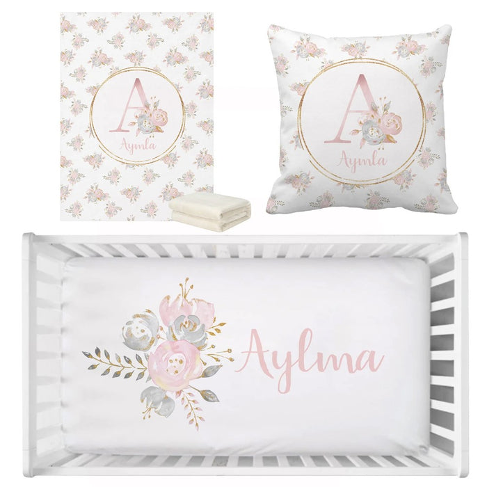 3 Pieces Personalized Blush Gold Floral Bedding Set