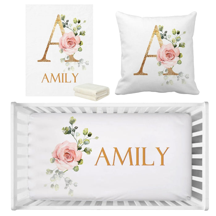 3 Piece Letter Monogram Peach Rose Bedding Set