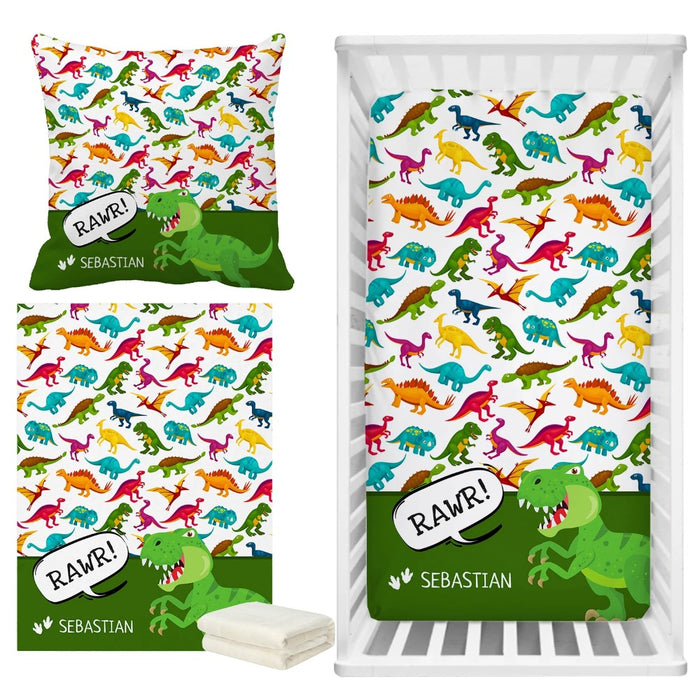 3 Piece Dinosaur Pattern With Name Bedding Set