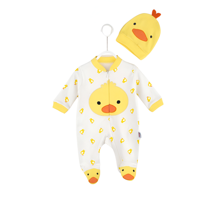 Printed Duck Pattern Romper With Beanie For Baby