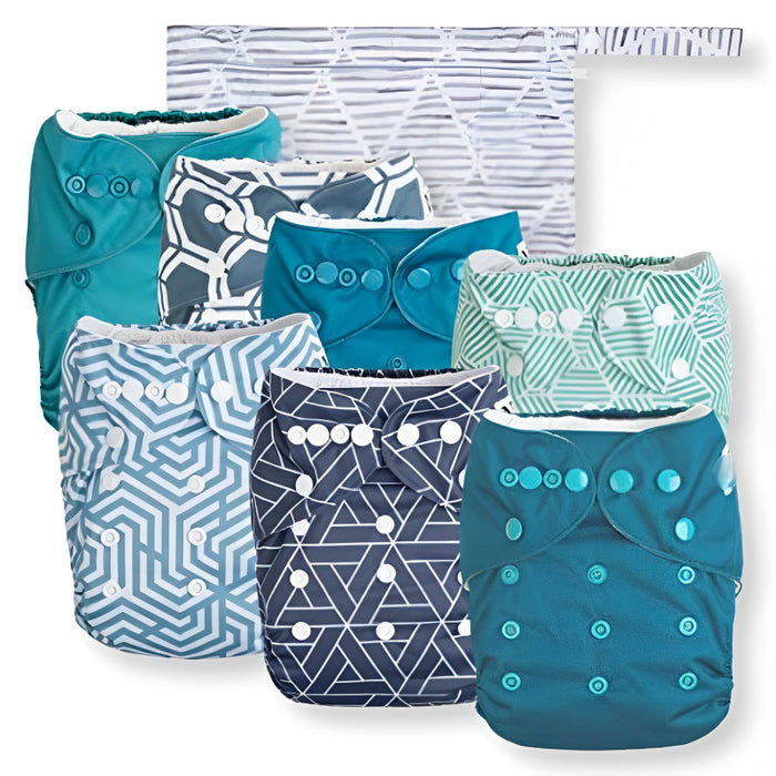 Baby Cloth Pocket Diapers 7 Pack, 7 Bamboo Inserts, 1 Wet Bag