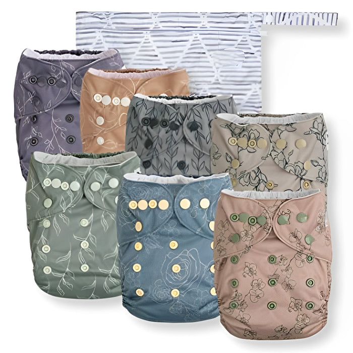 Unisex Baby Cloth Pocket Diapers - Sage And Sea - 7 Pack, 7 Bamboo Inserts, 1 Wet Bag