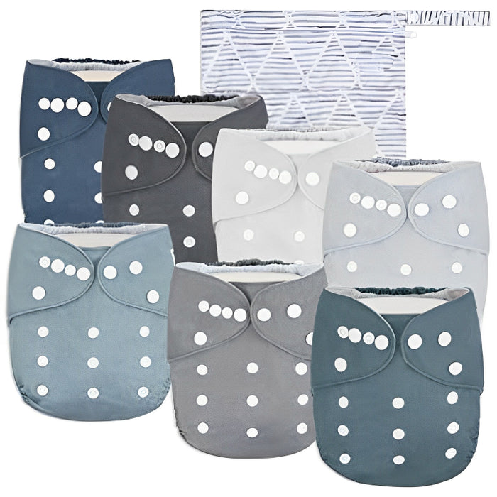 Unisex Baby Cloth Pocket Diapers - Sage And Sea - 7 Pack, 7 Bamboo Inserts, 1 Wet Bag