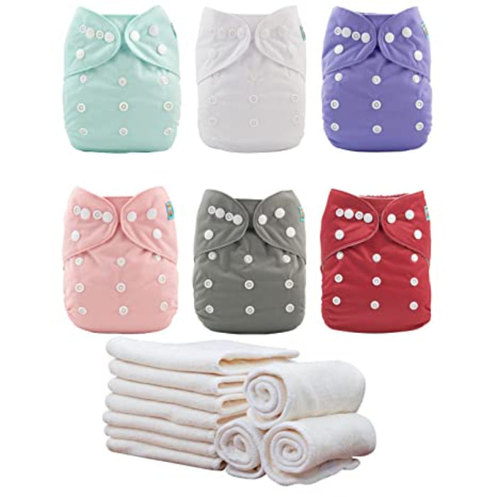 Baby Cloth Diapers One Size Adjustable Washable Reusable Diapers 6 Pack With 12 Inserts