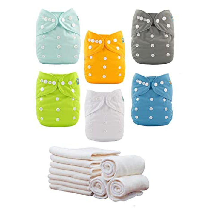 Baby Cloth Diapers One Size Adjustable Washable Reusable For Baby Girls And Boys 6 Pack With 12 Inserts