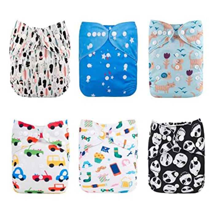 Baby Cloth Diapers One Size Adjustable Washable Reusable Diapers 6 Pack With 12 Inserts