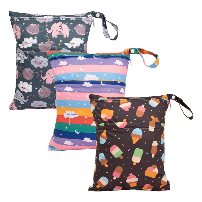 3 Pack Of Wet Dry Bags For Baby Cloth Diapers With 2 Pockets