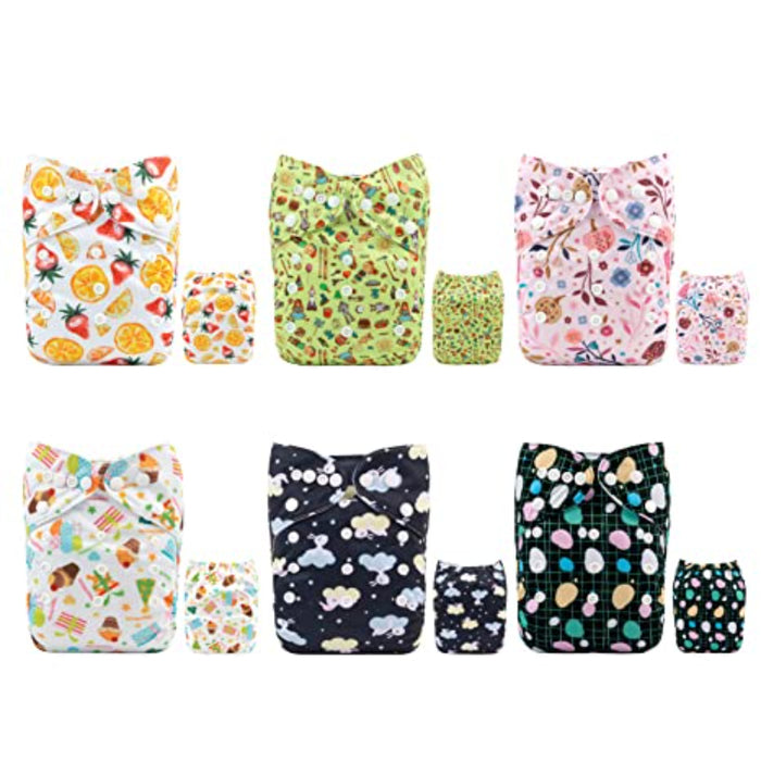 Baby Cloth Diapers One Size Adjustable Washable Reusable 6 Pack With 12 Inserts