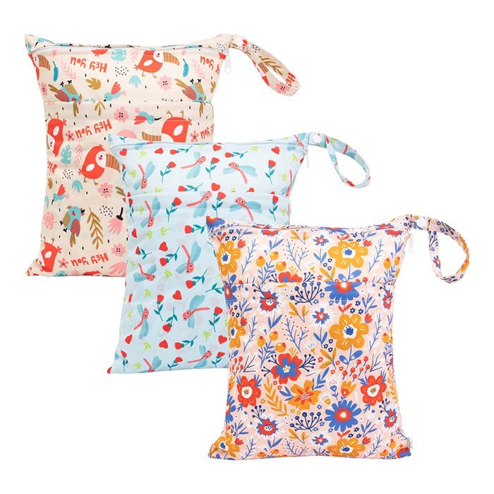 3 Pack Of Wet Dry Bags For Baby Cloth Diapers With 2 Pockets