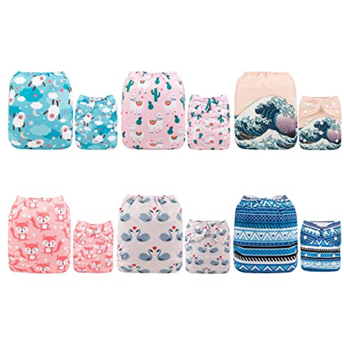 Baby Cloth Diapers One Size Adjustable Washable Reusable 6 Pack With 12 Inserts