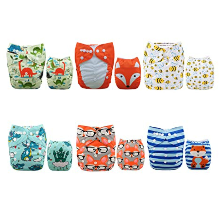 One Size Adjustable Washable Reusable Baby Cloth Diapers For Baby 6 Pack + 12 Inserts