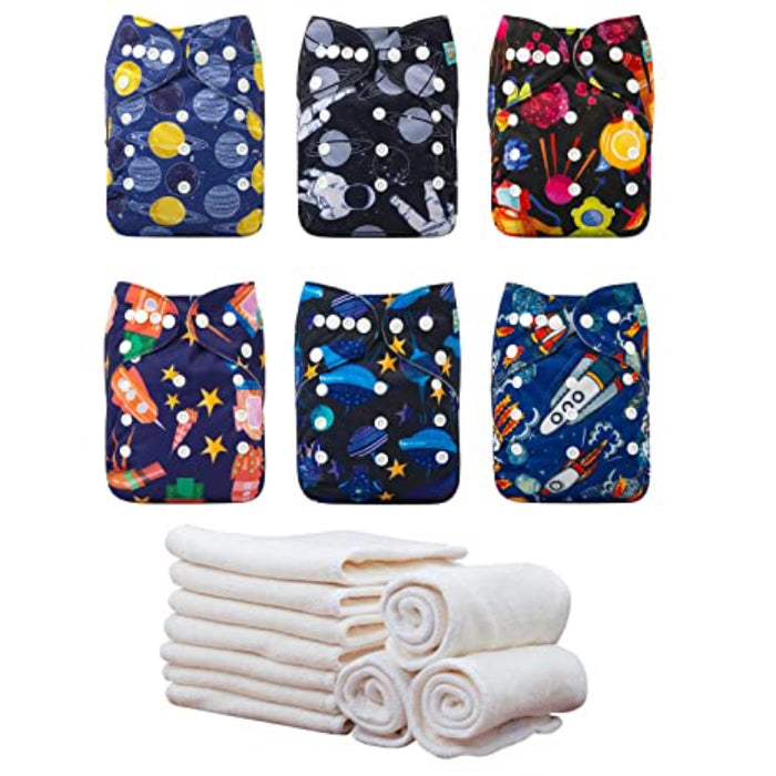 Baby Washable Reusable Cloth Diapers One Size Adjustable Diapers 6 Pack With 12 Inserts