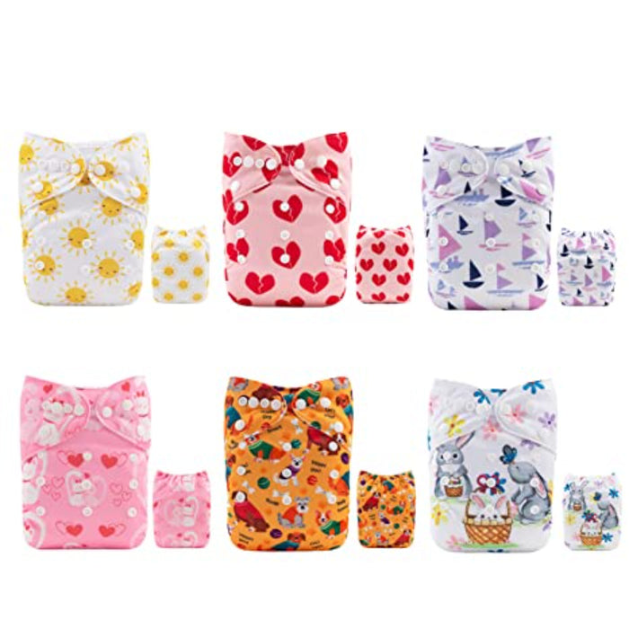 One Size Adjustable Washable Reusable Baby Cloth Diapers For Baby 6 Pack + 12 Inserts