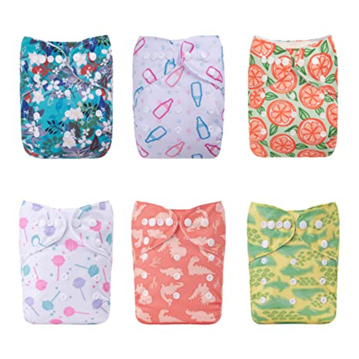 One Size Adjustable Washable Reusable Baby Cloth Diapers For Baby 6 Pack + 12 Inserts